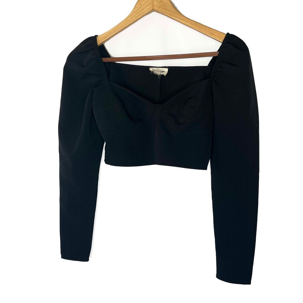 Open Edit Womens XS Cropped Long Sleeve Top Black Night Out Party Club Sexy